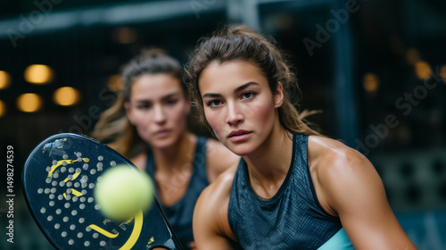 Two athletic young women in action during a doubles padel match, intense focus and synchronized movement padel doubles, female athletes, women in sports, padel teamwork, active lif photo