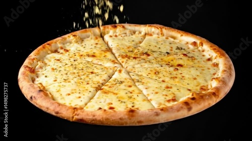 Delicious pizza margherita presentation with falling herbs against a dark background studio setting