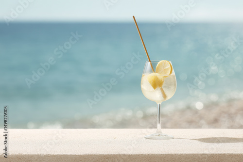 refreshing lemonade cocktail placed on serene surface by beach with gentle waves in background