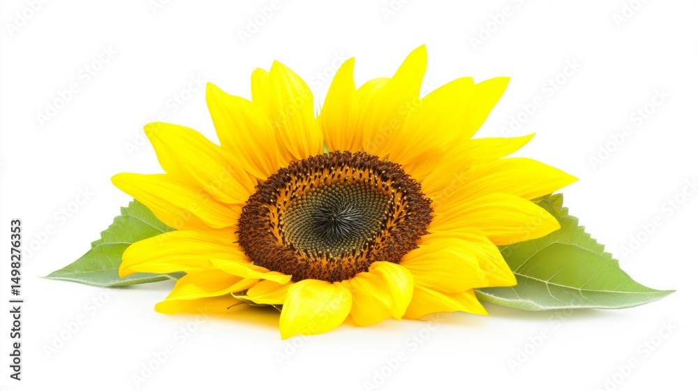Obraz premium Bright yellow sunflower with green leaves against a plain background showcasing natural beauty