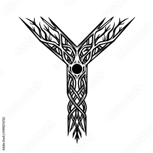 Tribal Y-shaped tree branches icon with central circle for spiritual use