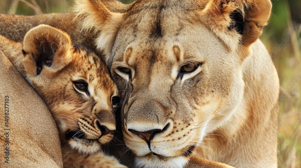 Fototapeta premium Tender moment between lioness and cub in the wild under soft afternoon light