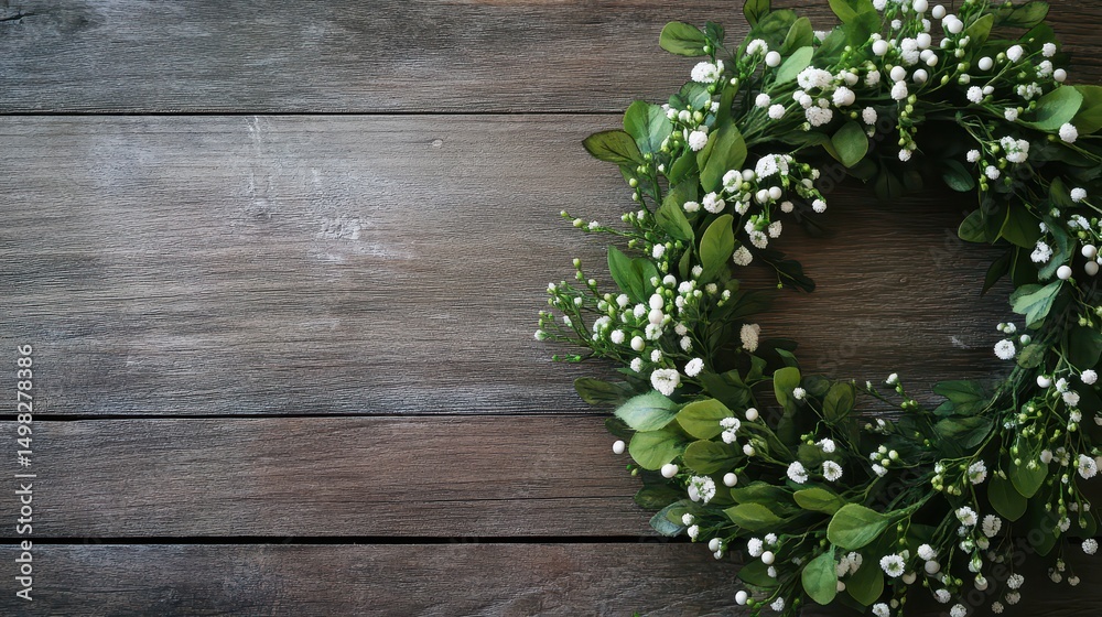 Beautiful floral wreath on rustic wooden surface Beautiful floral wreath on rustic wooden surface