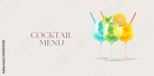 Cocktail menu. Modern banner with 3D cocktails in glass glasses. For advertising concepts, promotional offers, web design. Vector illustration.