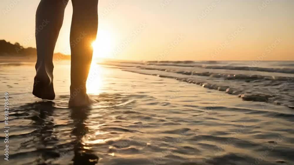 Backlit scene of feet stepping into the ocean, golden hour glow with wide shoreline and sky