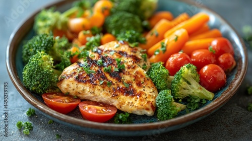 Healthy grilled chicken breast served with colorful vegetables on a rustic plate during a bright midday meal