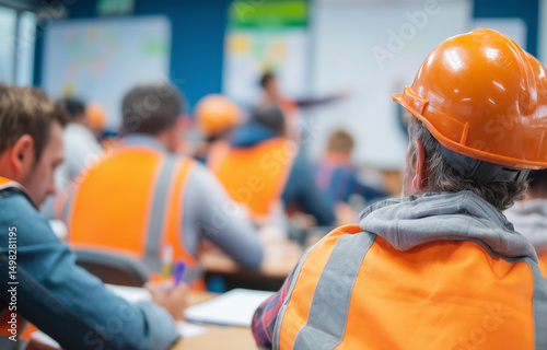 Construction workers wearing high visibility vests and hard hats attending a meeting about workplace safety