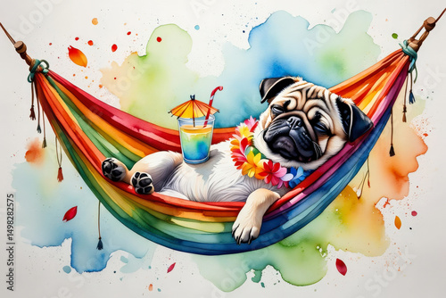 Pug relaxing on rainbow hammock with tropical drink and colorful background