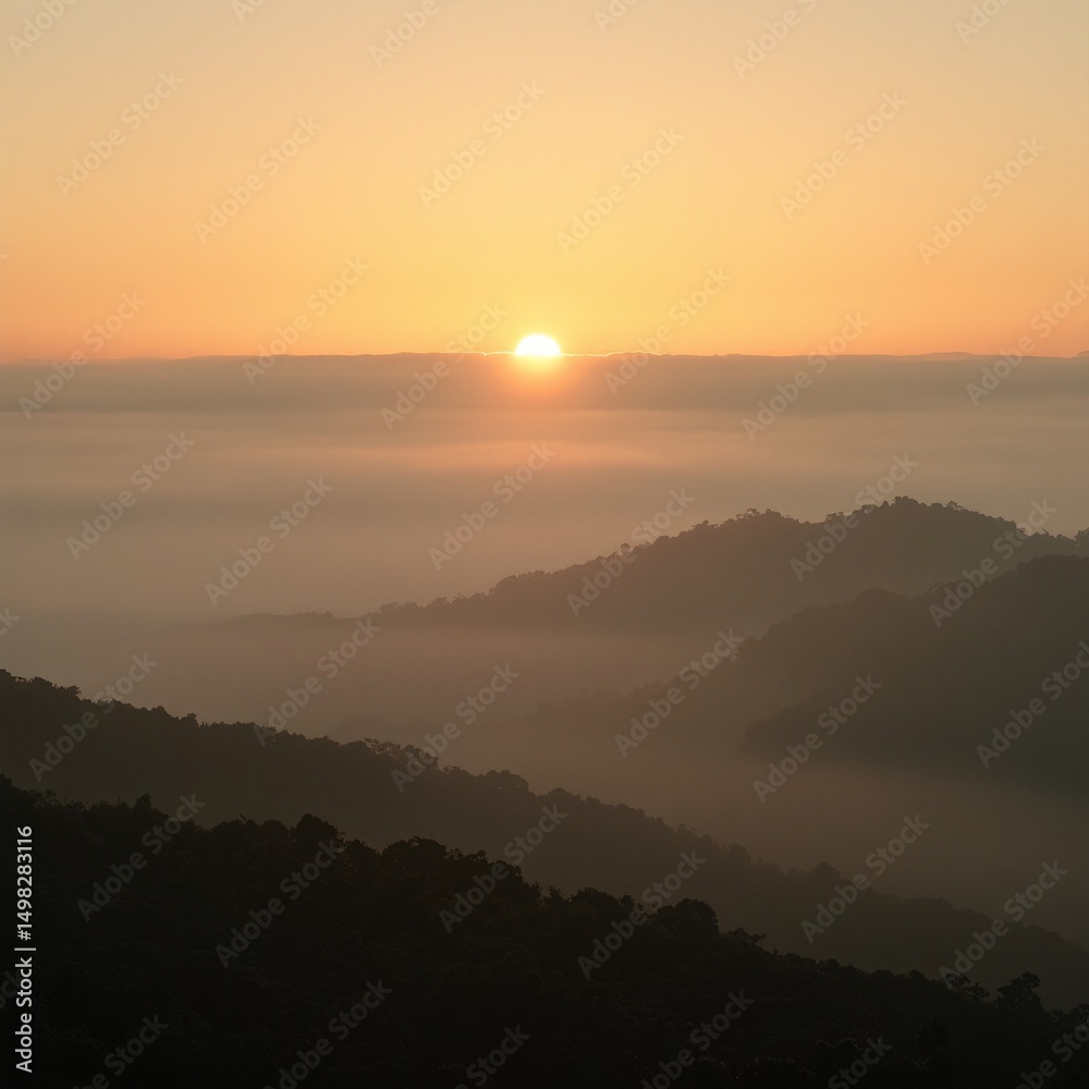 Obraz premium Tranquil sunrise over misty hills bathed in warm oranges and soft greens Perfect for serene nature or calming landscape concepts