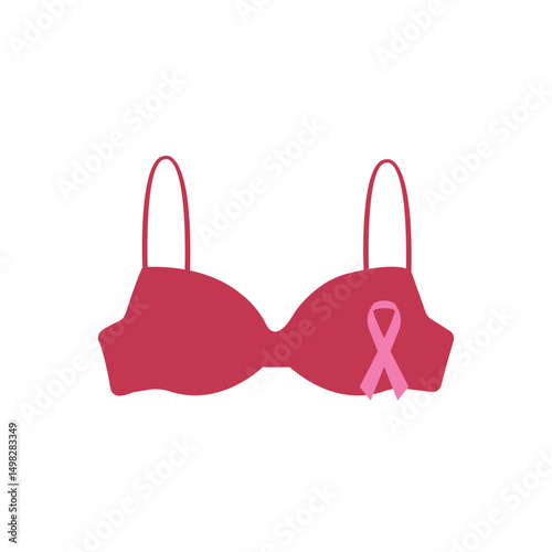 Vector illustration of a pink bra featuring a breast cancer awareness ribbon, symbolizing support, awareness, and advocacy for women's health and breast cancer prevention efforts.