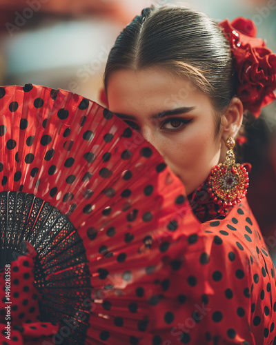 Close up of a flamenco dancer covering part of her face with a traditional red fan with black dots
