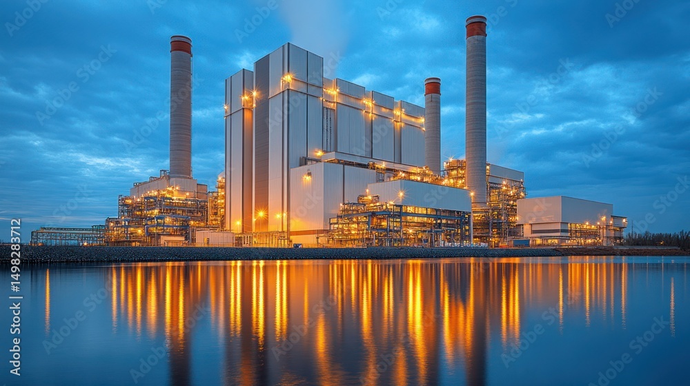 Obraz premium Industrial power plant at twilight by a river