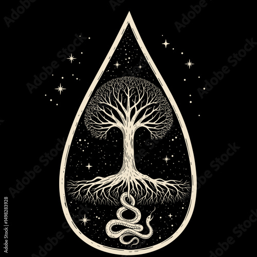  Tree with snake and stars in mystical drop symbol