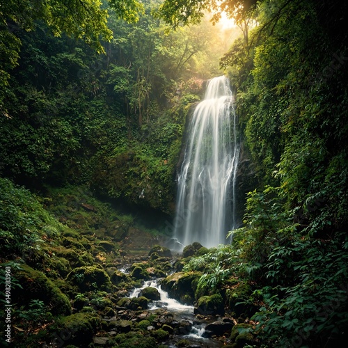 Explore the serenity of a secluded waterfall in a lush rainforest bathed in warm cinematic lighting highlighting vibrant greens and amber hues