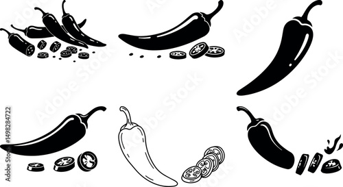 Spicy chili peppers collection whole sliced black and white illustration