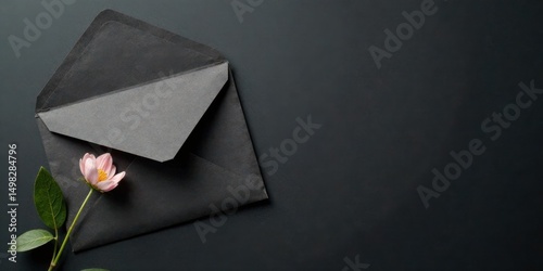 A dark envelope with a delicate flower rests on a somber background, hinting at a message of remembrance or heartfelt communication.