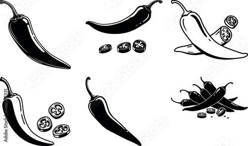Spicy chili peppers black and white illustration set