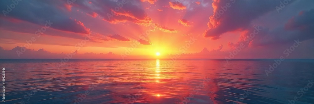 Obraz premium Serene sunrise paints the ocean in vibrant hues of orange, pink, and gold, reflecting on the calm water A breathtaking display of natural beauty at dawn , reflection, aquatic, sea