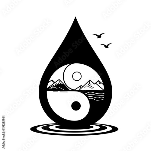 Yin yang landscape in drop with birds for balance and harmony concept