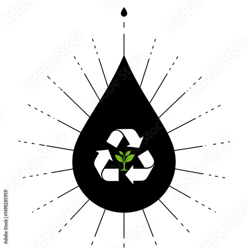 Black drop with recycle symbol and green sprout for eco energy concept