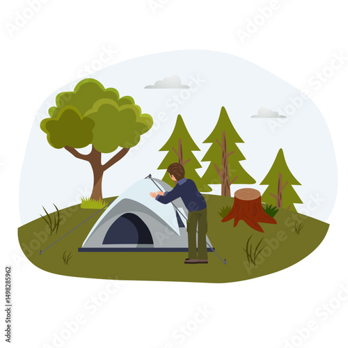 Vector illustration of a man setting up a tent in the forest