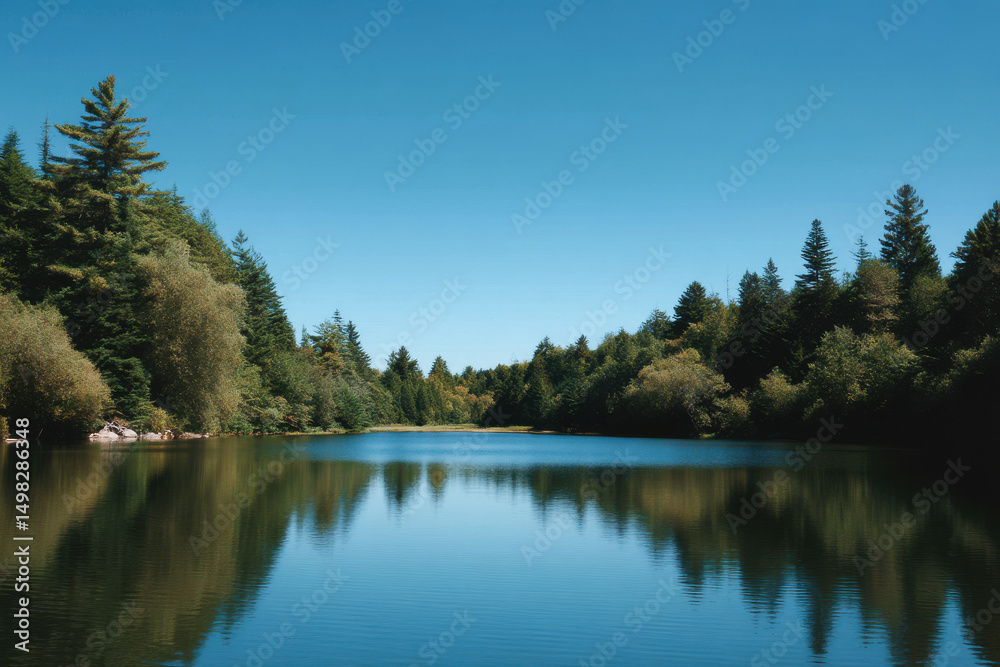 Naklejka premium serene lake surrounded by lush green forests in nova scotia reflecting clear blue sky