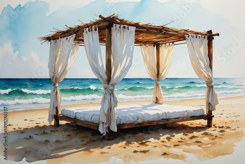 Beachside cabana with white curtains gently blowing in the wind. Placed on sand near turquoise sea, creating a relaxing tropical resort mood.

