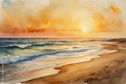 Golden sunlight reflects over gentle ocean waves on a calm sandy beach during sunset. Warm, peaceful atmosphere ideal for summer or vacation themes.
