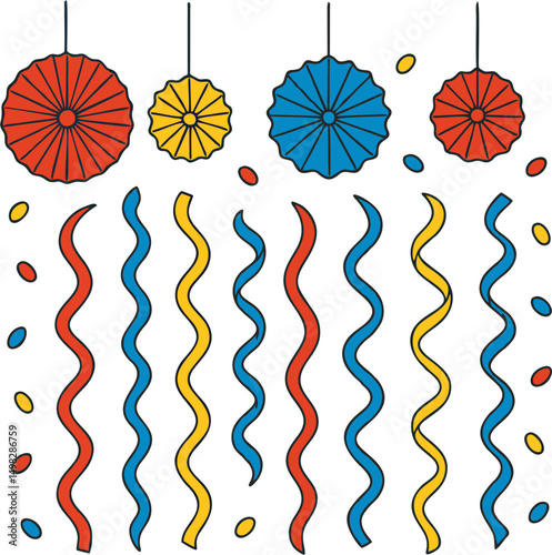 Colorful Vector Party Streamers and Paper Fans Decoration Isolated on White Background – Flat Style Festive Clipart for Celebration Design
