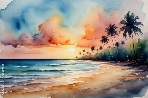 Sunset over tropical beach with palms and vibrant skies. Vivid sunset over a tropical beach with silhouettes of palms. Ideal for Summer Solstice (June 21) or exotic travel promotions.
