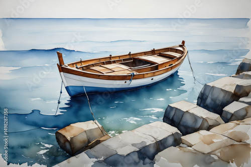 A classic wooden boat docked on calm blue waters. Perfect for summer vacation themes or tranquil Father’s Day visuals.
