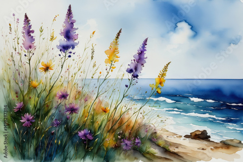 Vibrant wildflowers by the seaside on a sunny day. Coastal wildflowers blooming beside a serene ocean. Captures nature’s renewal, perfect for Earth Day (April 22) or spring celebrations.
