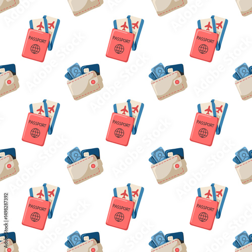 Seamless pattern with cartoon passports, boarding passes and wallets. Travel-themed vector background