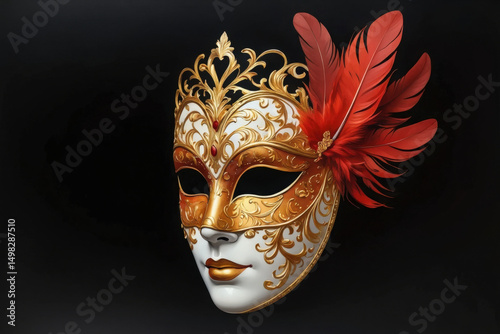 Bright red, blue, green, and gold harlequin-style carnival mask with curved edges. Festive and bold, set against a clean white background.
