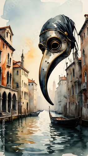 Long-beaked plague doctor mask suspended in front of a Venetian street and canal. Surreal, historic, and haunting atmosphere with fantasy elements.
