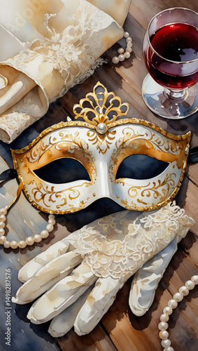 Elegant gold Venetian mask surrounded by lace, pearls, and vintage-style accessories. Rich, luxurious ambiance ideal for masquerade or romantic visuals.

