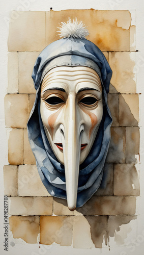 Venetian plague doctor mask with long nose and pom-pom hood on brick walA white traditional Venetian mask with an exaggerated long nose and fabric hood. Set against a pale stone wall, evoking history 