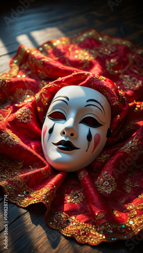 A classic white mask with black painted tears and lips lies against ornate red and gold fabric. A symbolic image of theatrical melancholy and elegance.
