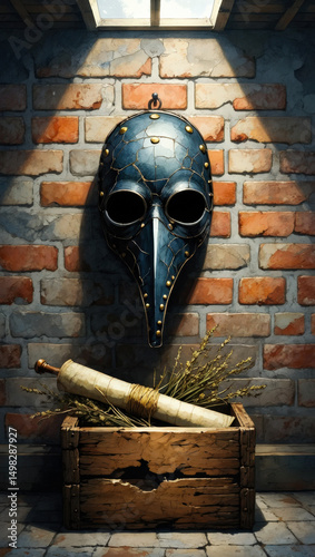 Dark plague doctor mask with metal studs on a brick wall. Paired with scrolls and a quill. Fits Halloween, horror, or medieval medicine visuals.