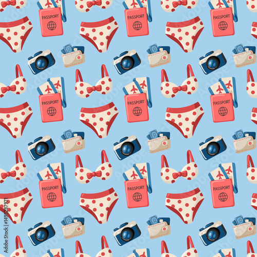 Seamless summer pattern with bikini, passport, photo camera and wallet. Cartoon vector illustration on light blue background