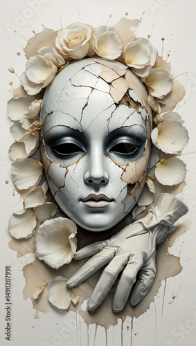 Cracked mask with white flowers and glove in surreal art composition. A broken porcelain mask with eerie black eyes and a pale palette. Evokes emotion and fear, perfect for Halloween or gothic art 