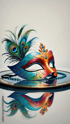 Colorful venetian mask with feathers and beads on reflective surface. A colorful mask with bright feathers and artistic patterns, embodying joy and celebration. Best suited for the Venice Carnival 