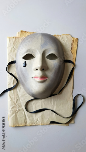 A minimalist theatrical mask with a single black teardrop, symbolizing drama and emotion. Perfect for illustrating World Theatre Day on March 27.
Gray mask with black tear on aged paper background