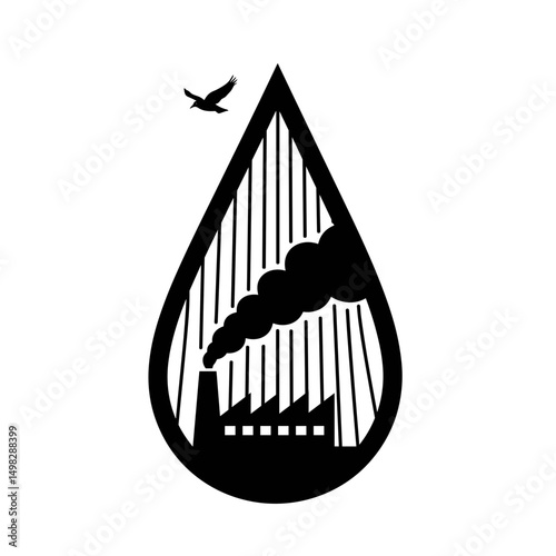 Polluting factory inside water drop for environmental awareness concept