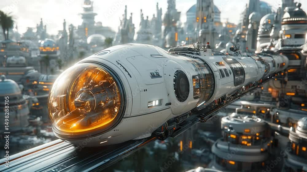 Futuristic train gliding through a vibrant cityscape Futuristic train gliding through a vibrant cityscape