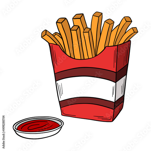 French potato fries in paper bag. Fast food delicious meal  with tomato sauce. Takeout american food snack stick in box. Outline food art