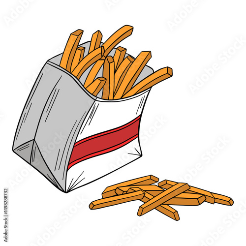 French potato fries in paper bag. Fast food delicious meal. Takeout american food snack stick in box. Outline food art