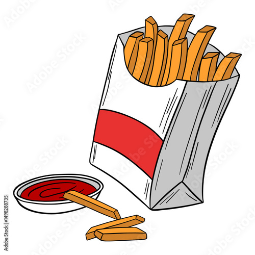 French potato fries in paper bag. Fast food delicious meal  with tomato sauce. Takeout american food snack stick in box. Outline food art