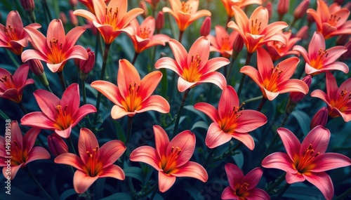 Dense, stylized lilies in vibrant hues, infinitely repeating, orange, plant