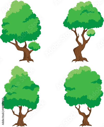 Collection of stylized cartoon trees with green leaves. 
